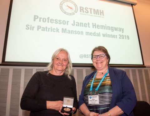 Profesor Janet Hemingway (left) receives the Manson Medal from Professor Sarah Rowland-Jones, then RSTMH President Profesor Janet Hemingway (left) receives the Manson Medal from Professor Sarah Rowland-Jones, then RSTMH President