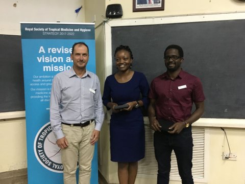 Dr Yvonne Wekesa (centre) and Dr Owachi Darius (right) receive prizes for best poster and oral presentation respectively from RSTMH Past President, Dr Simon Cathcart Dr Yvonne Wekesa (centre) and Dr Owachi Darius (right) receive prizes for best poster and oral presentation respectively from RSTMH Past President, Dr Simon Cathcart