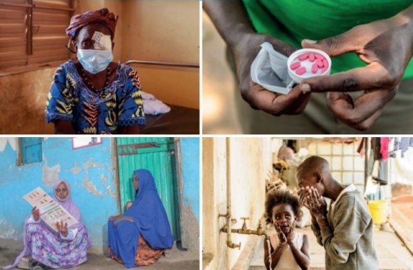 In clockwise order, starting from top left: Photo courtesy of Sightsavers / David Gnaha; Photo courtesy of Sightsavers / JJ Arts Photography;	Photo courtesy of Sightsavers; Photo courtesy of Amref Health Africa